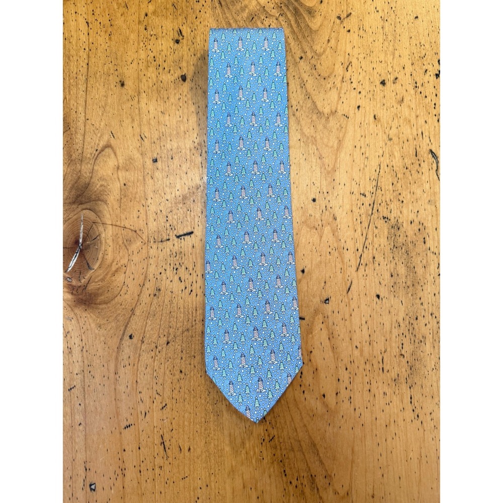 Vineyard Vines Silk Tie Blue Lighthouse Christmas Tree Holiday Winter Necktie